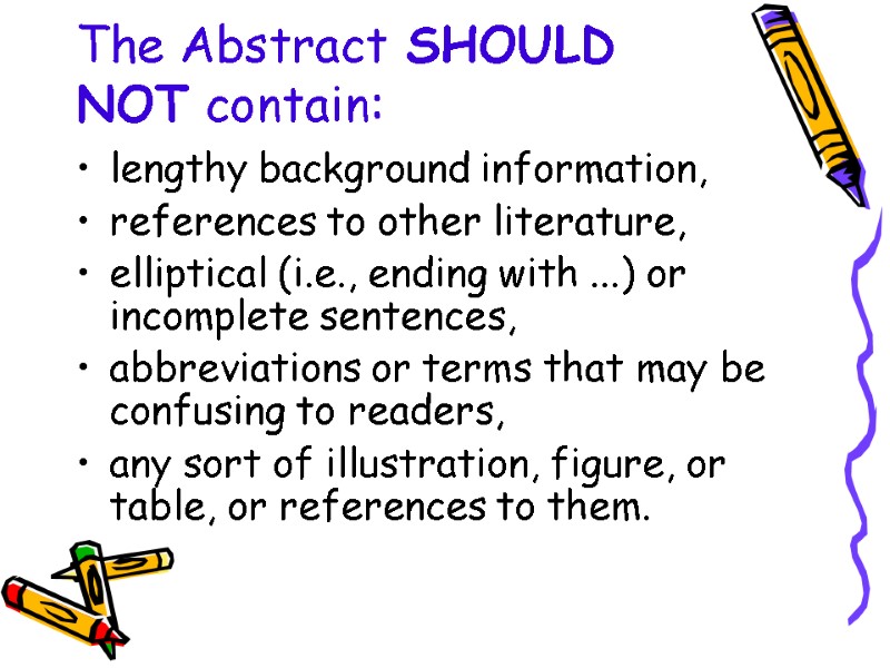 The Abstract SHOULD NOT contain: lengthy background information,  references to other literature, 